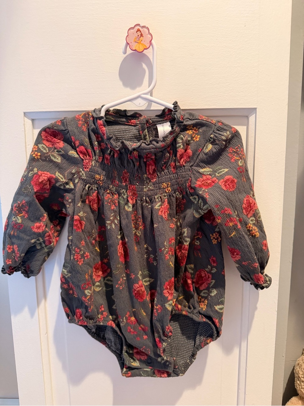 Baby Floral Long-Sleeve One-Piece Bodysuit - Gray with Red Floral